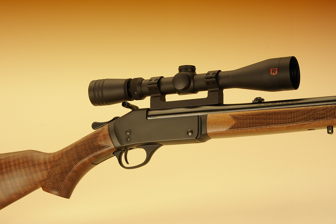 In profile, the gun clearly shows the lines and design patterns of older, vintage-type single-shot rifles. Adaptable for both open sights and scopes, this particular model chambered for the .223 Remington will make a handy gun in the field especially for small game or varmint hunters.